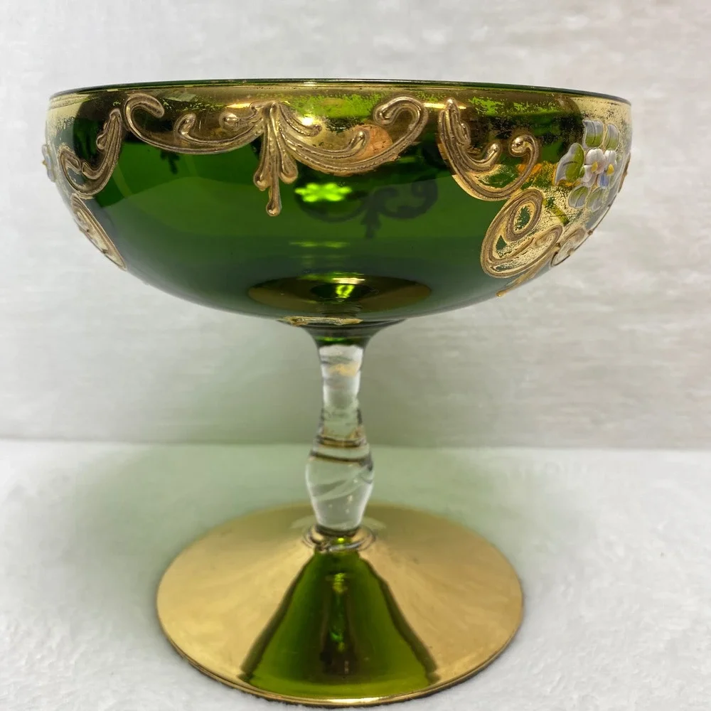 VTG Green Glass Pedestal Compote Bowl Goblet Candy Dish‎ Bowl Gold Leaf Italy